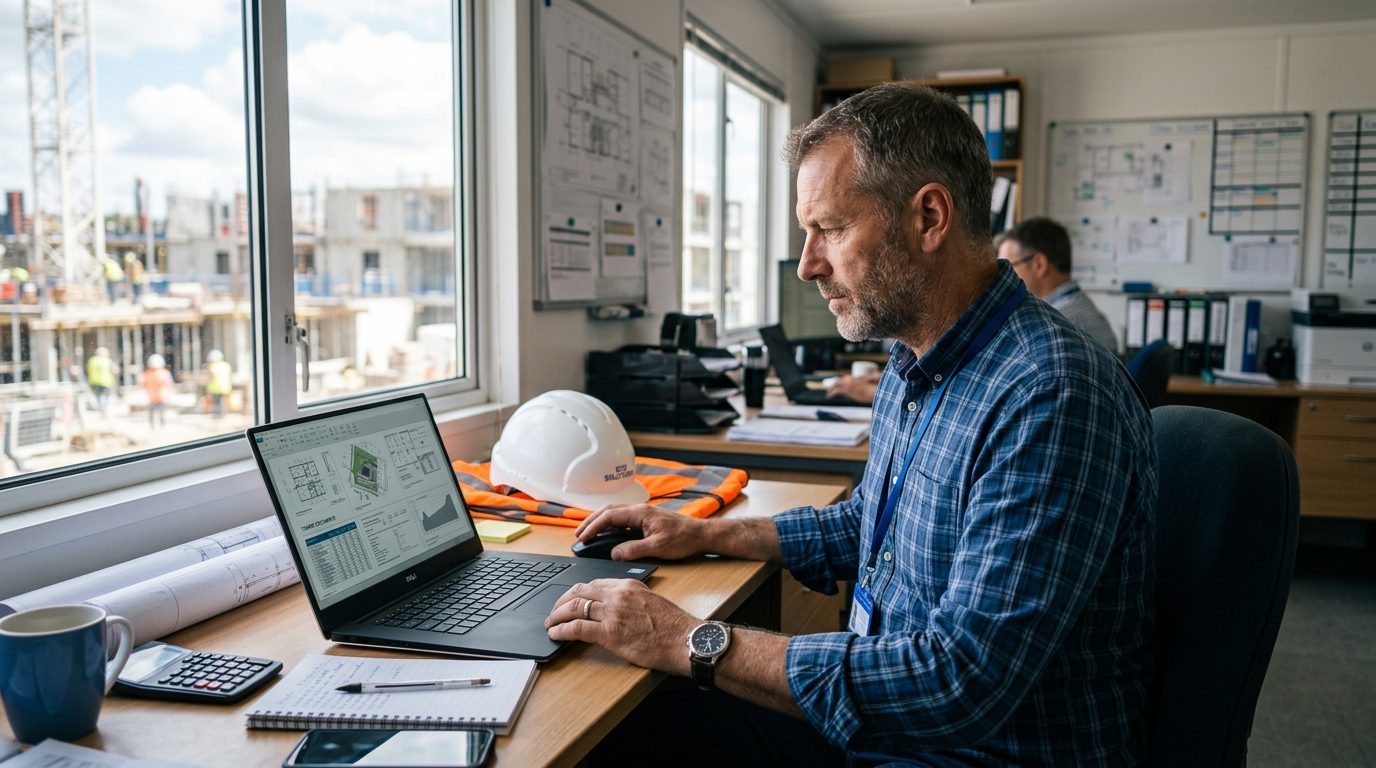 Construction firm owner reviewing a tender proposal draft on a laptop in a site office